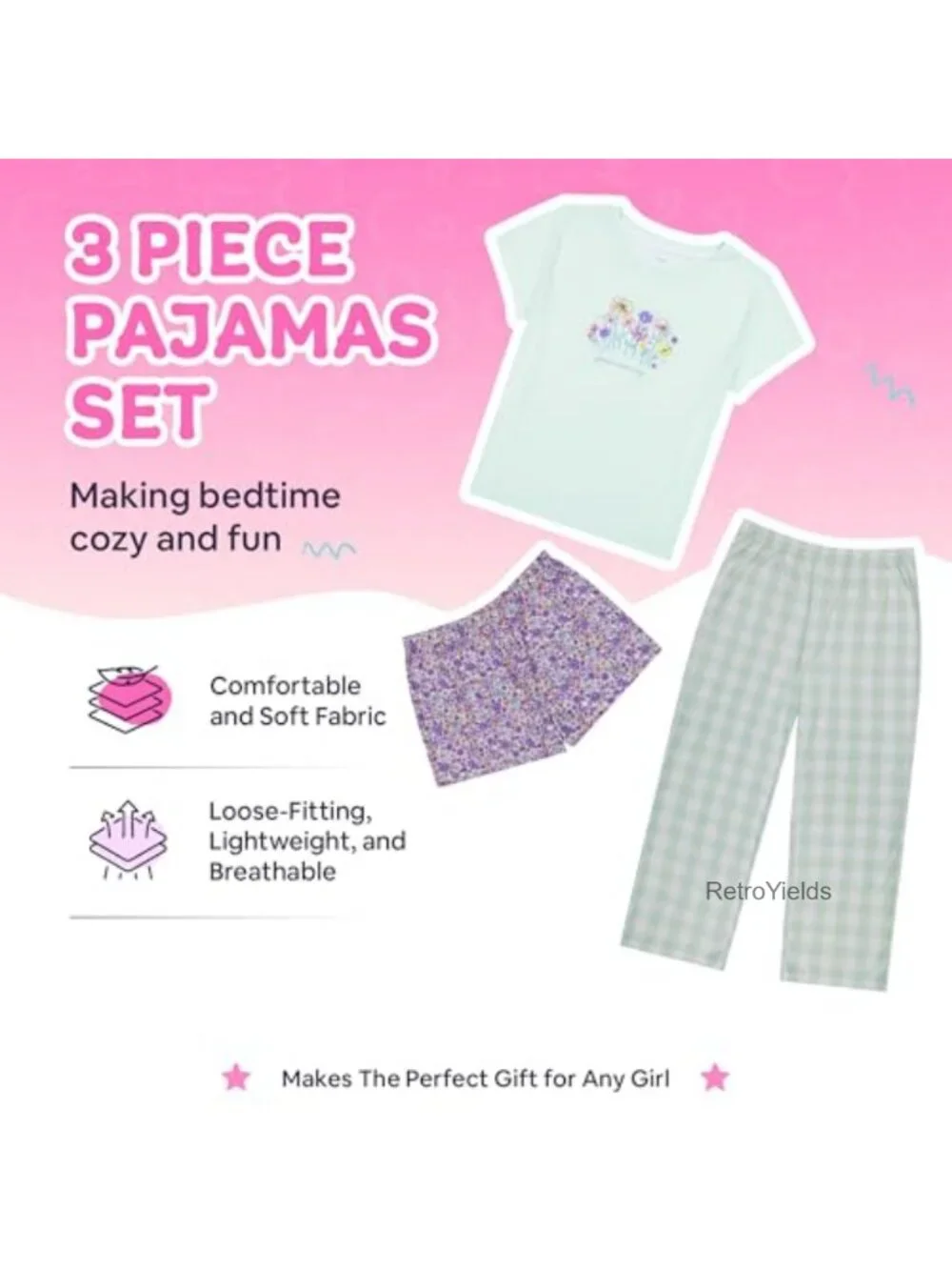 3-Piece Girls Pajama Set with Tee, Pants & Shorts - Soft Polyester Sleepwear
